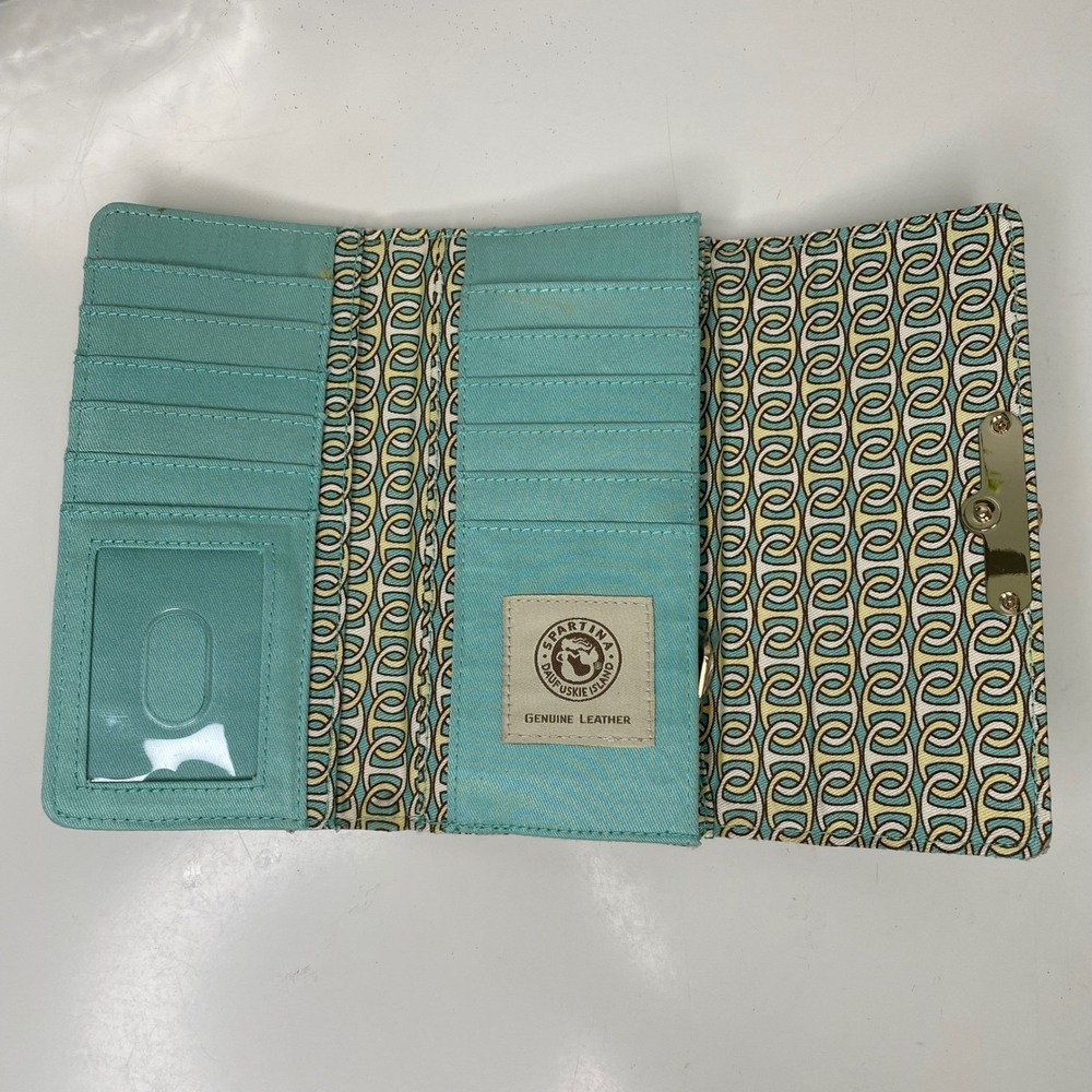Spartina 449 Seafoam PU & Straw Bamboo Turnlock Tri-Fold Wallet Coastal Chic - Picture 3 of 12